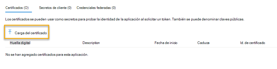 Captura de pantalla que muestra cómo cargar un certificado.