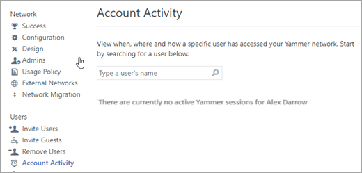 Captura de pantalla de la actividad de cuenta de un usuario que muestra que no hay sesiones de Viva Engage activas (se ha cerrado la sesión).