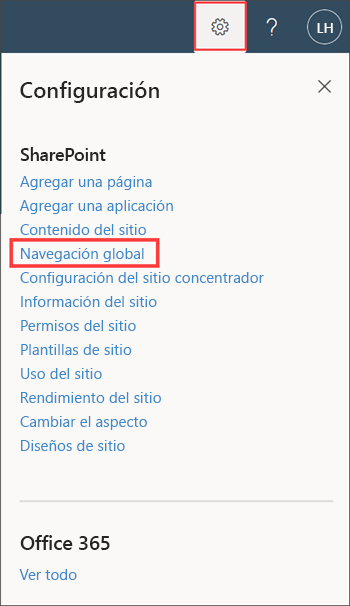 Recorte de pantalla de la opción de navegación global en el panel de configuración.