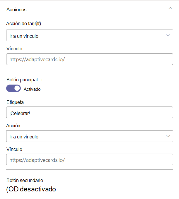 Captura de pantalla que muestra las opciones de la categoría acciones en el panel de propiedades.