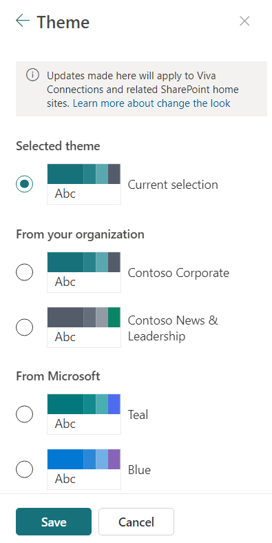 Captura de pantalla que muestra ejemplos de temas creados por la organización y temas predeterminados de Microsoft.