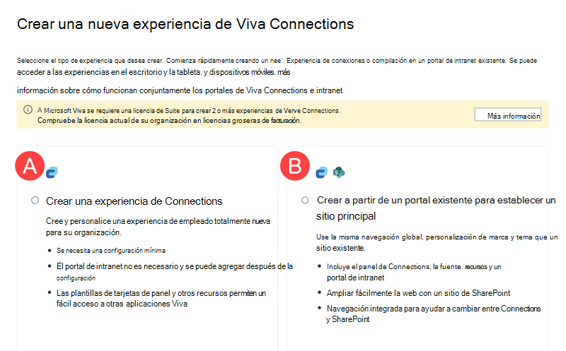 Captura de pantalla que muestra las opciones para crear una experiencia de Viva Connections.