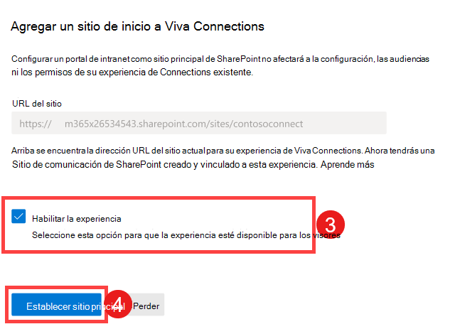 Captura de pantalla que resalta los pasos para habilitar la experiencia de Viva Connections y establecerla como sitio principal.