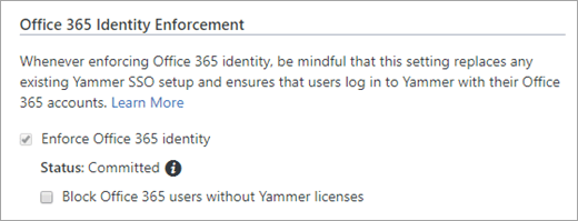 Captura de pantalla de la casilla Bloquear usuarios de Office 365 sin licencias de Yammer en Configuración de seguridad de Yammer.