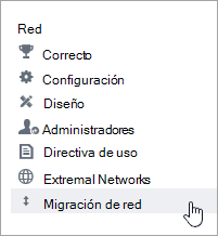 Captura de pantalla del elemento de menú Migración de red para administradores.