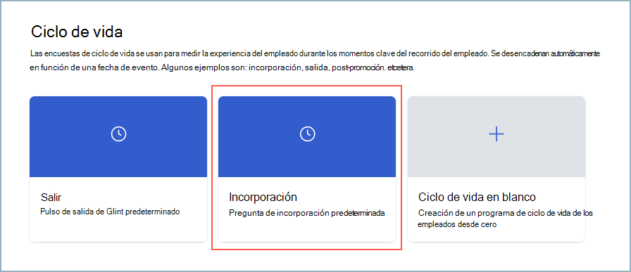 Captura de pantalla de la tarjeta de incorporación para una encuesta del ciclo de vida.