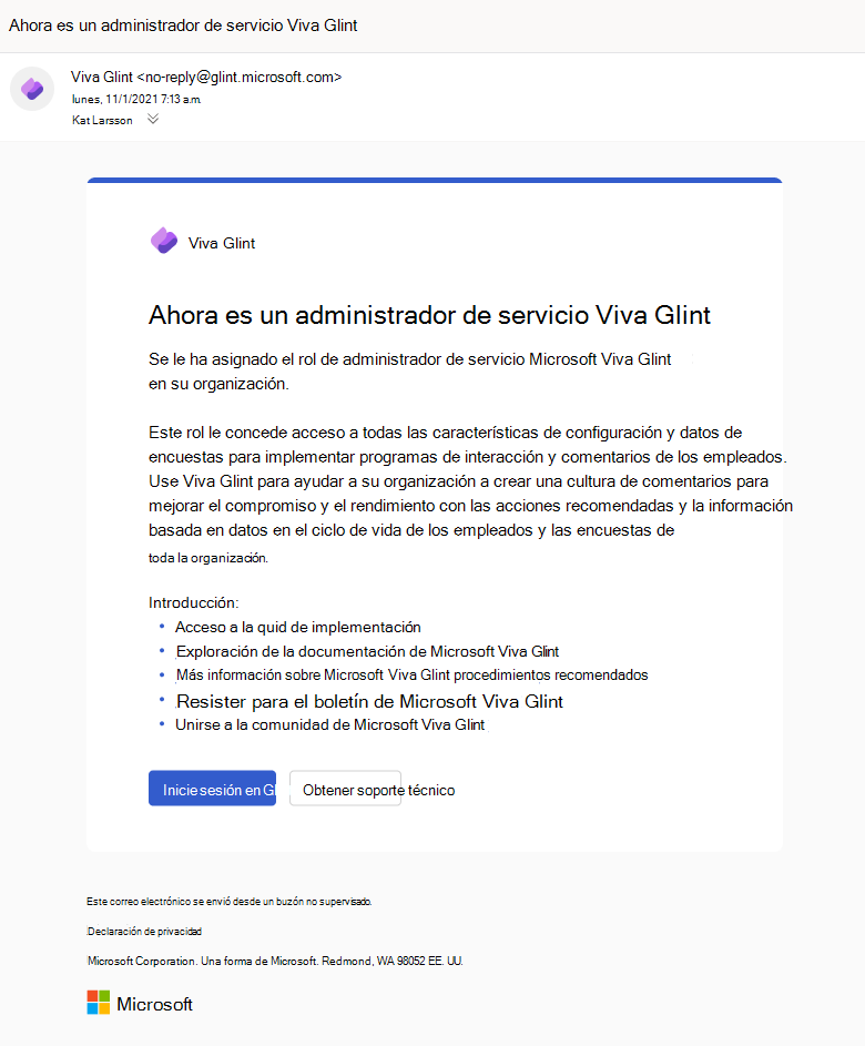 Captura de pantalla de la notificación por correo electrónico que reciben los administradores del servicio Viva Glint cuando se agregan al rol de administrador.