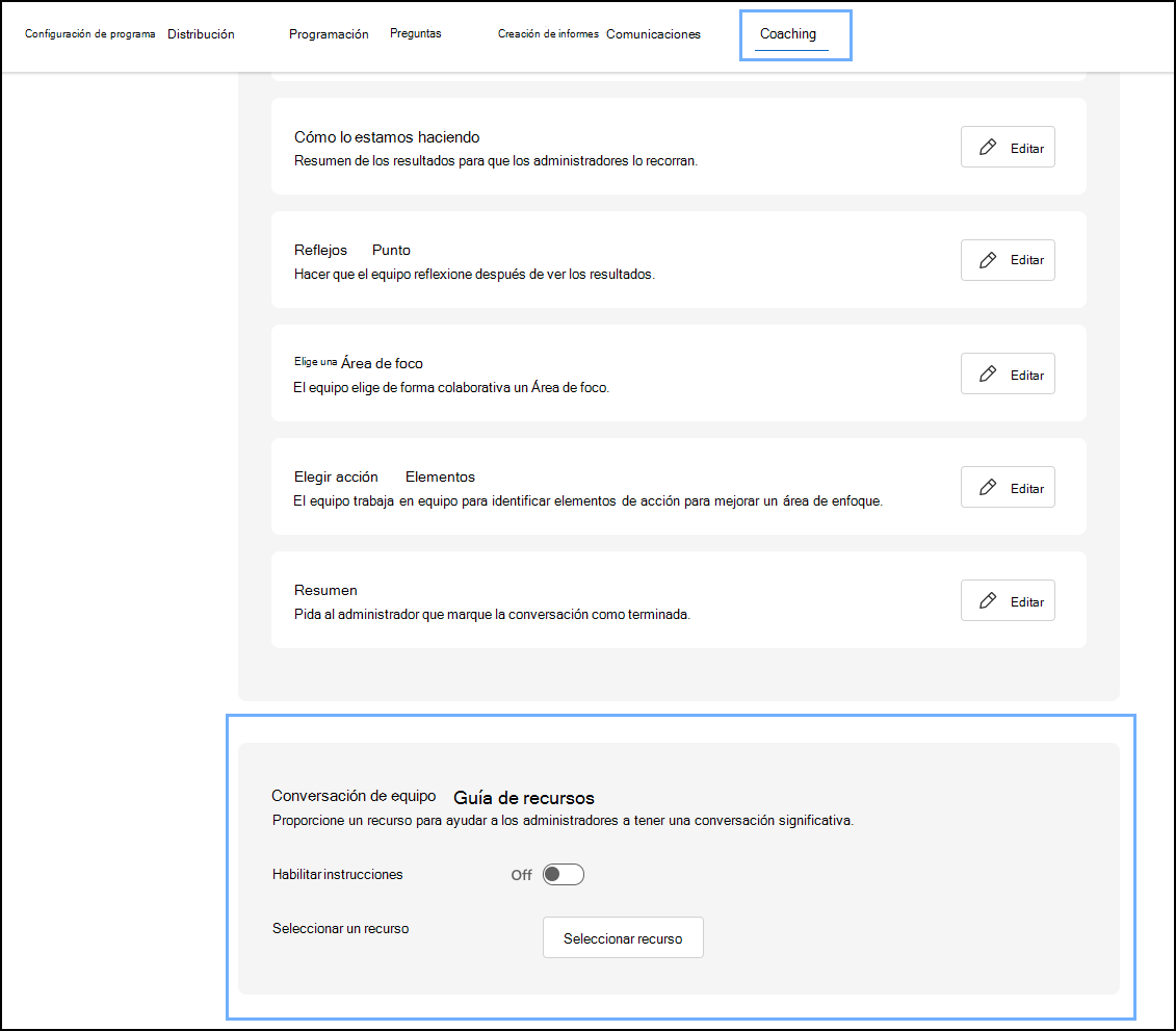 Captura de pantalla de la sección Guía de recursos de conversación en equipo para la configuración del administrador.