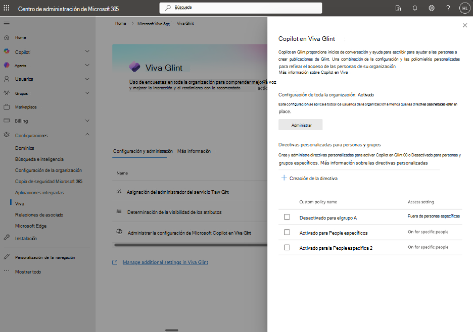 Administre Microsoft Copilot en el panel Viva Glint del Centro de administración de Microsoft 365.