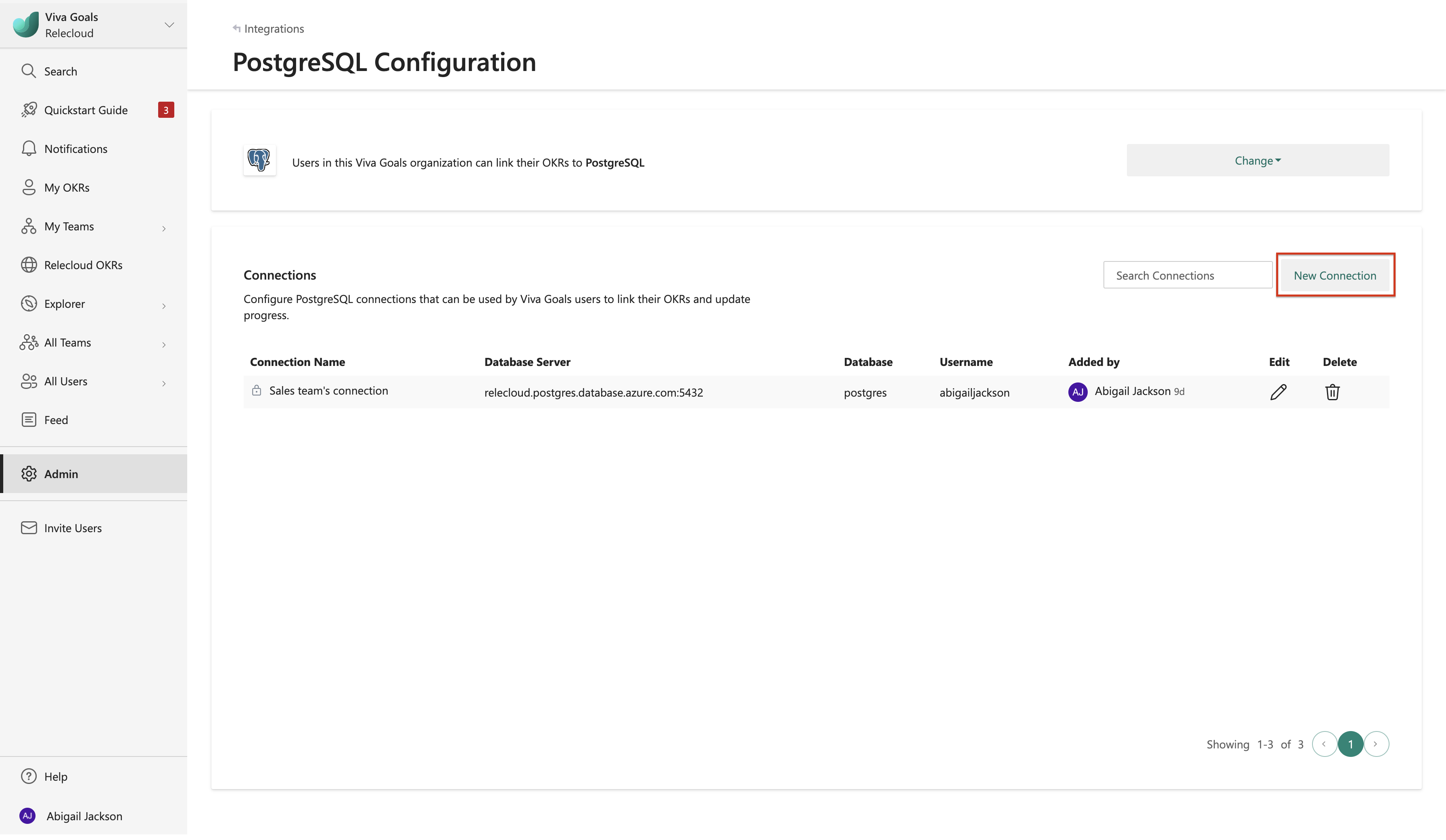 Captura de pantalla que muestra dónde elegir agregar una nueva conexión de PostgreSQL en Objetivos Viva.