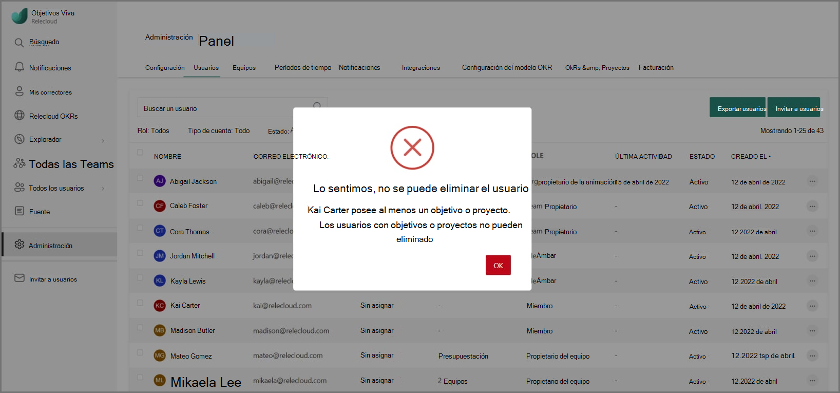 Captura de pantalla del cuadro de diálogo de error que aparece al intentar eliminar un usuario propietario de objetivos o iniciativas.