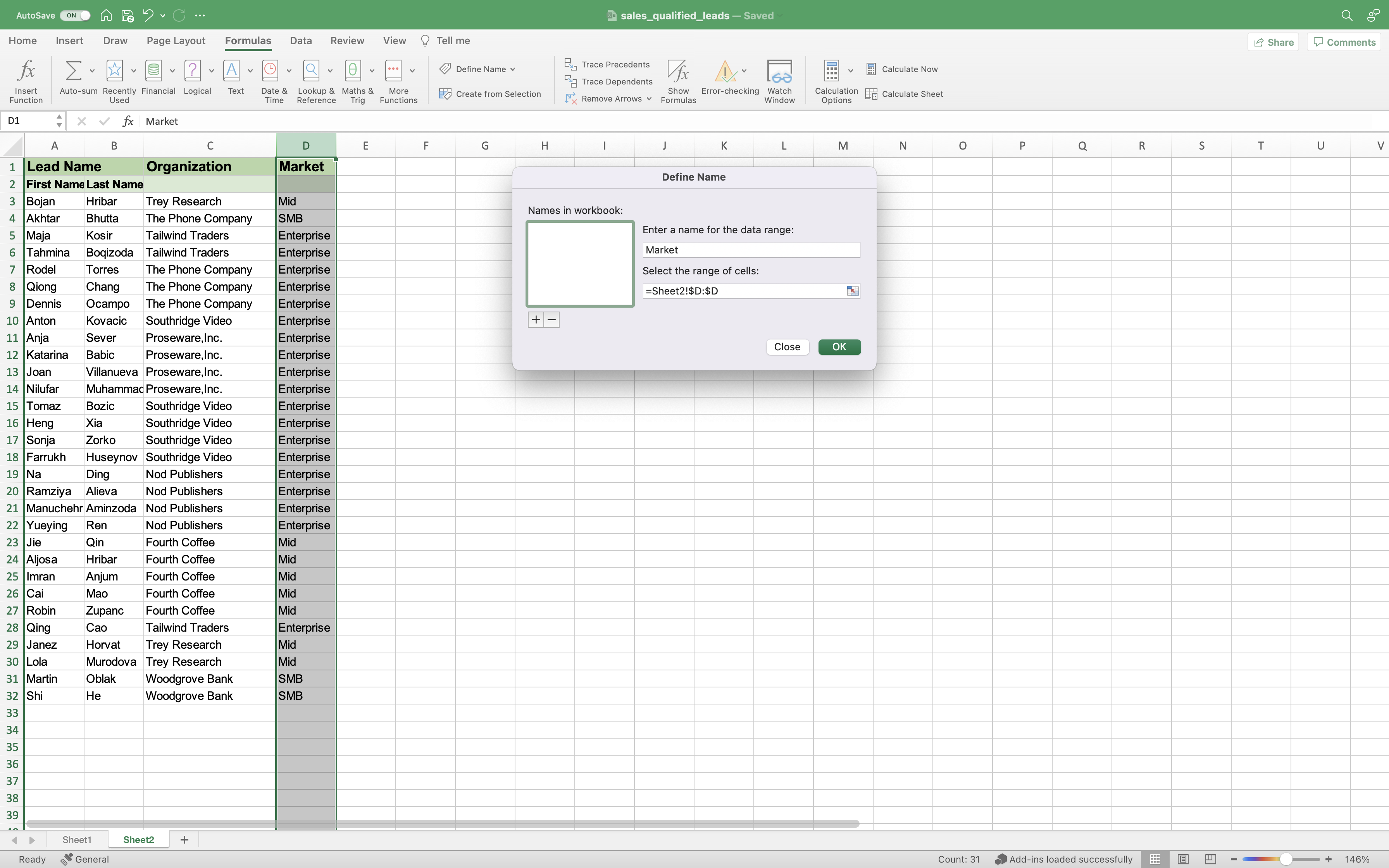 Captura de pantalla que muestra el cuadro de diálogo Definir nombre en Excel.