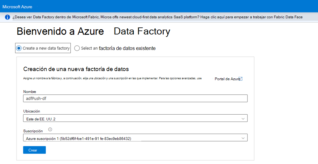 Captura de pantalla que muestra cómo crear una nueva factoría de datos o cómo usar una existente.