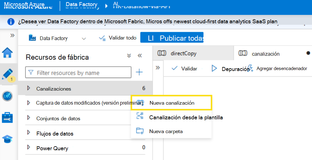 Captura de pantalla que muestra cómo crear una nueva canalización.