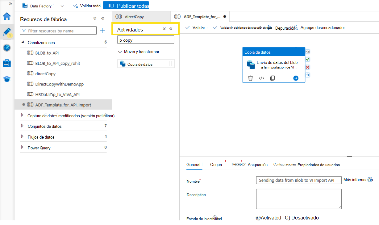 Captura de pantalla que muestra cómo agregar datos de copia.