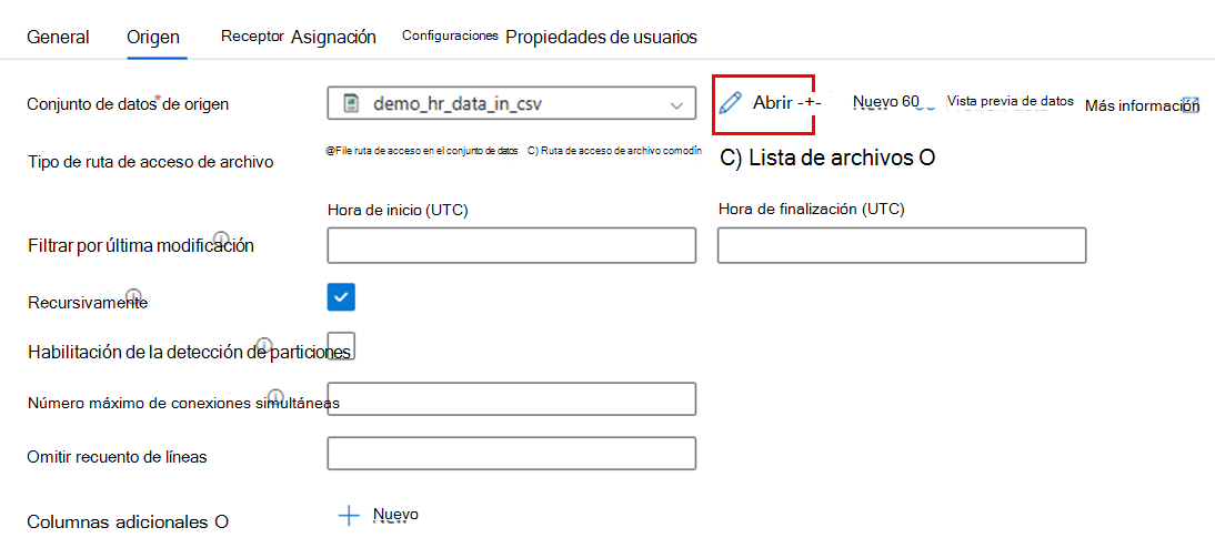 Captura de pantalla que muestra cómo abrir el conjunto de datos de origen.