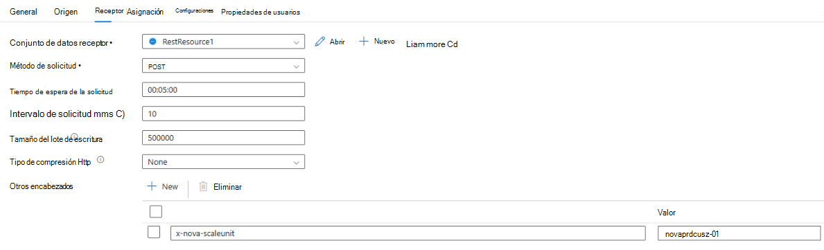 Captura de pantalla que muestra cómo escribir la configuración del receptor.