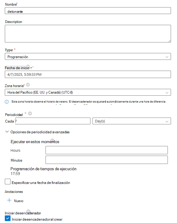 Captura de pantalla que muestra cómo configurar el desencadenador.