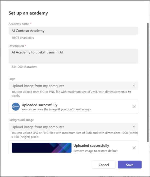 Captura de pantalla de la ventana emergente Configurar una academia en Administrar academias. Requiere un nombre de academia, una descripción, un logotipo y una información de acceso de grupo de usuarios.