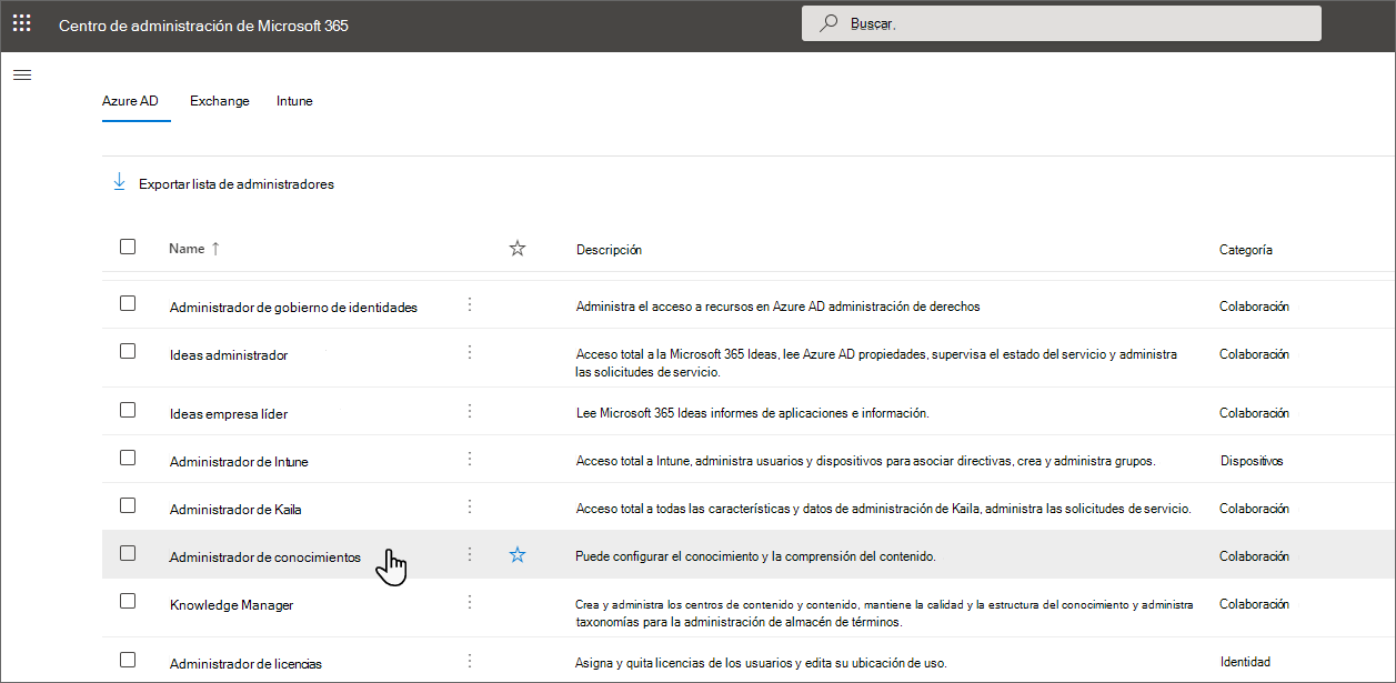 Imagen de knowledge Administración seleccionada en la pestaña id. de Microsoft Entra.