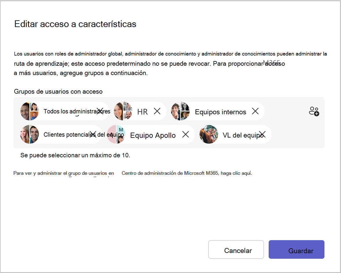 Imagen de la ventana Editar acceso a características donde los administradores pueden agregar grupos de usuarios con acceso