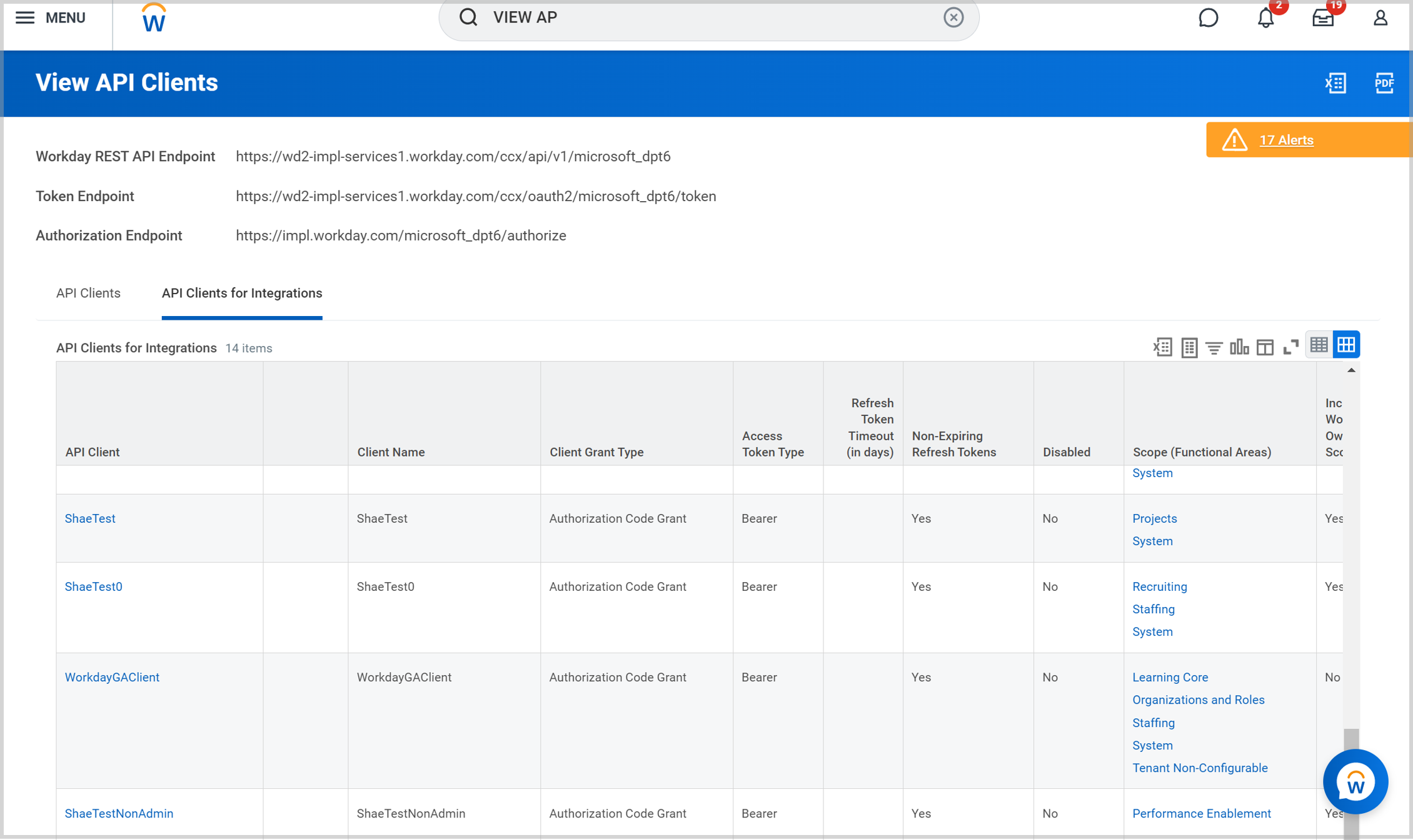 Captura de pantalla del cliente de la API de Workday con la opción de actualizar el ámbito.