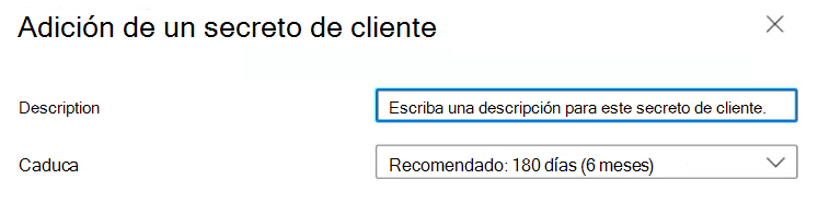 Captura de pantalla que muestra cómo escribir una descripción para el secreto de cliente.