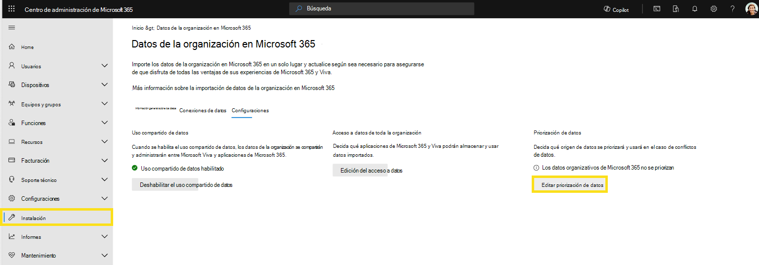 Captura de pantalla que muestra cómo priorizar los datos de la organización en la página Configuración.