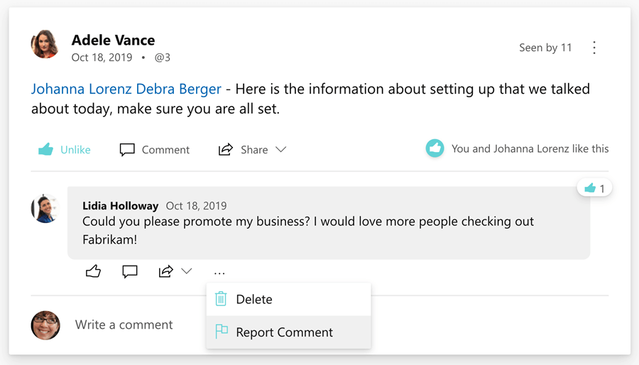 Captura de pantalla que muestra los informes de usuario para el comentario.