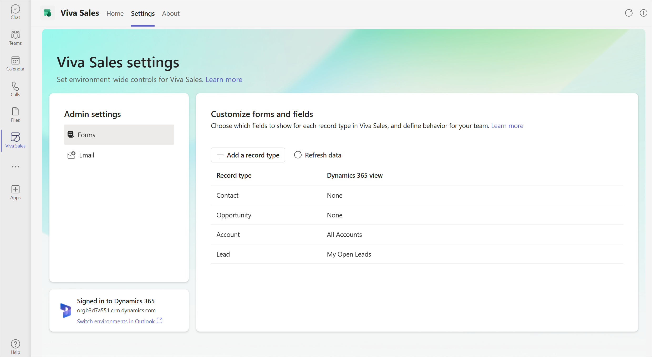 Captura de pantalla de la pestaña Configuración de Copilot for Sales en Teams