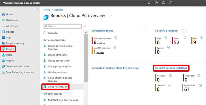 Captura de pantalla del informe de recomendaciones de PC en la nube.