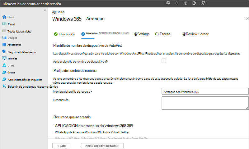 Captura de pantalla de la pestaña Conceptos básicos del escenario guiado de arranque de Windows 365.