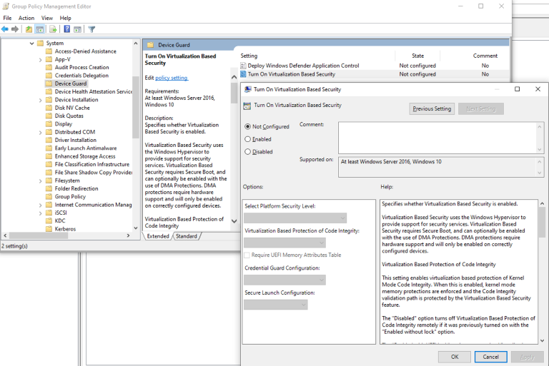 Imagen de la pantalla del editor de directivas de grupo denominada Desactivar la seguridad basada en virtualización