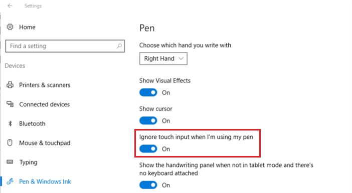 Imagen que muestra la ventana del cuadro de diálogo de configuración del lápiz, donde puede seleccionar su mano dominante para el funcionamiento adecuado de la característica de rechazo de palma de Windows 10.