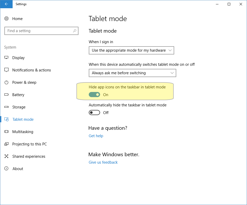 Tablet Mode system settings