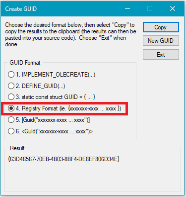 Imagen que muestra la pantalla crear GUID en Visual Studio.