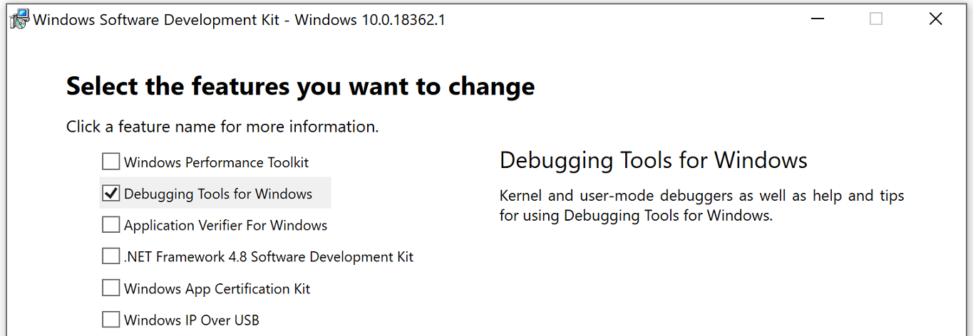 sdk download options showing just the debugger box checked.