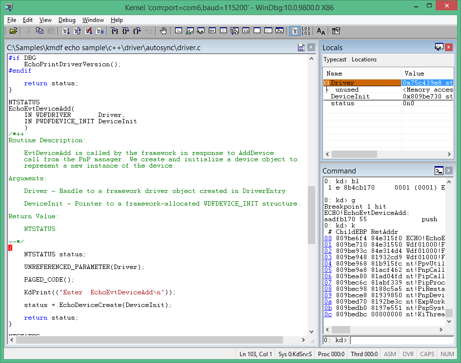 Captura de pantalla de WinDbg en la que se muestran las ventanas locales de código de ejemplo y comandos.