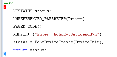 Captura de pantalla de la ventana de código con el carácter de llave resaltado al principio de la rutina AddDevice.