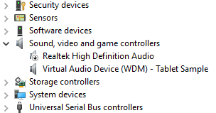 Captura de pantalla del árbol de Administrador de dispositivos con el ejemplo de tableta de dispositivo de audio virtual resaltado.