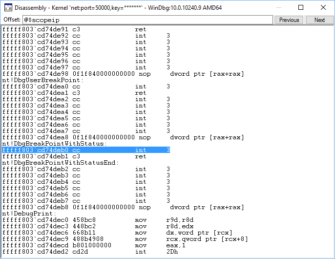 Captura de pantalla de la ventana de desensamblado de WinDbg que muestra el código del lenguaje de ensamblado.