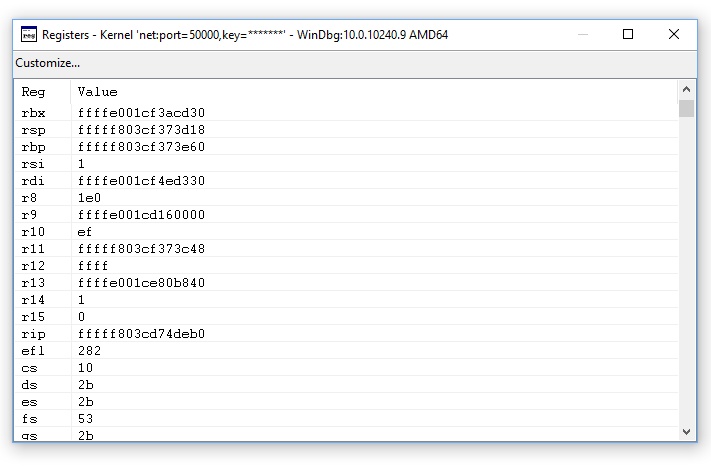 Captura de pantalla de la ventana registros de WinDbg que muestra aproximadamente 12 registros.