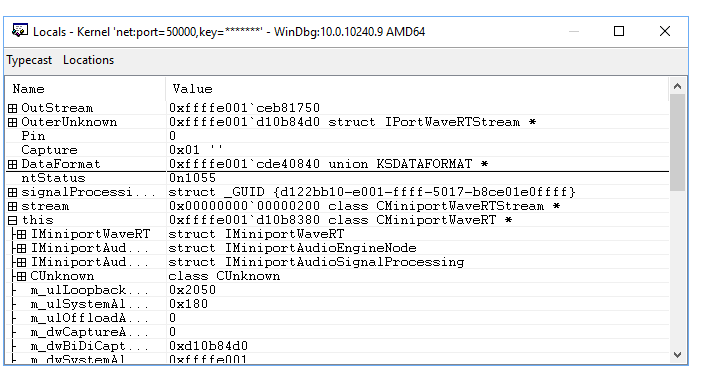 Interfaz winDbg que muestra las ventanas de comandos y variables locales de código de ejemplo.