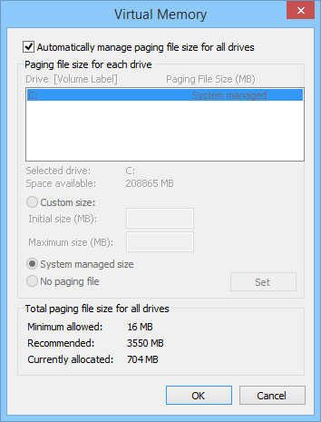 Captura de pantalla del cuadro de diálogo Memoria virtual en la configuración de Windows.