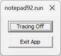 Captura de pantalla de la interfaz de usuario TTD pequeña de dos botones que muestra el estado de seguimiento y un botón Salir de la aplicación.