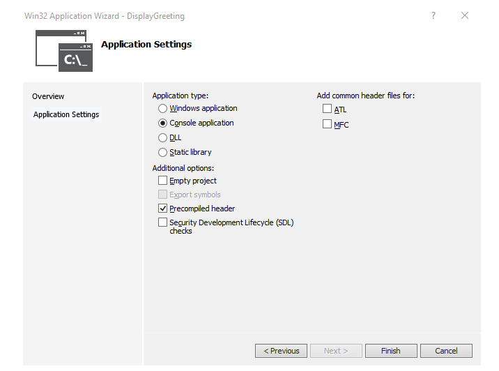 Configuración del asistente para aplicaciones Win32 en Visual Studio.