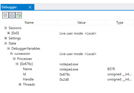 Captura de pantalla de la ventana Explorador de modelos de datos con sesiones de objetos de depuración en WinDbg.