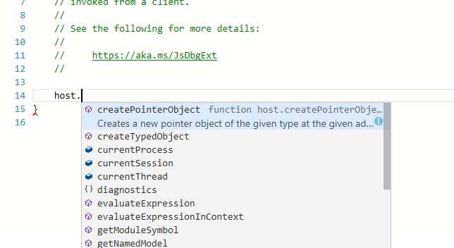 Captura de pantalla de la ventana de scripting en el depurador de WinDbg con IntelliSense y resaltado de errores.