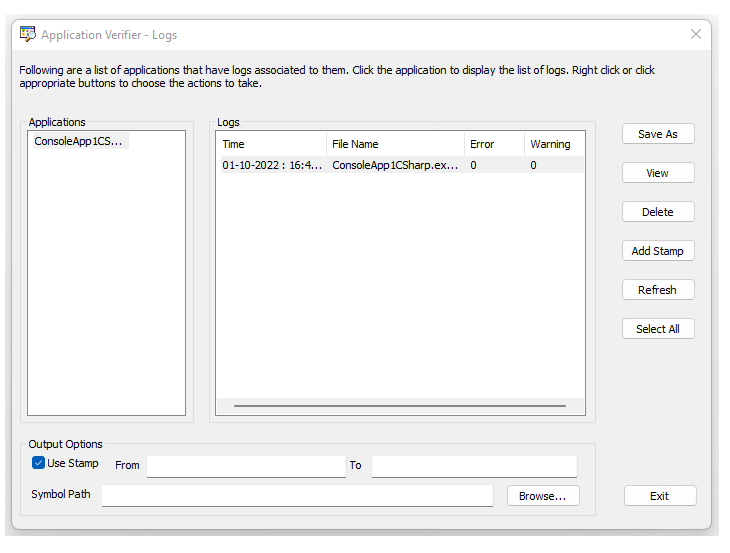 Captura de pantalla de Application Verifier en la que se muestra un único registro para una aplicación de prueba.