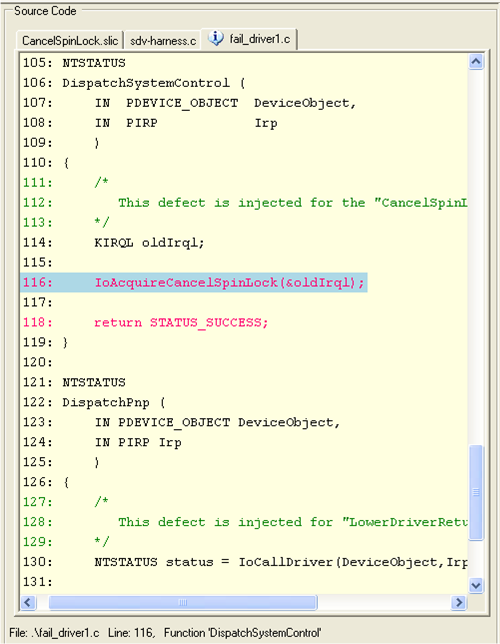 Captura de pantalla del panel Código fuente en el Visor de defectos.